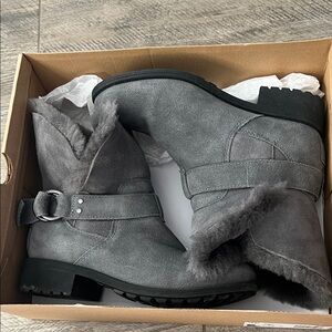 UGG Women’s Gray Suede Shearling Buckle Ankle Boots